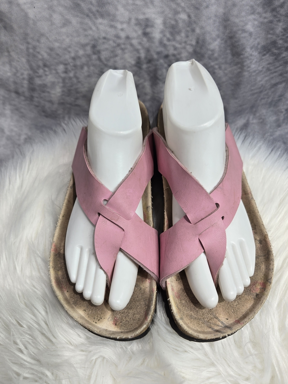 Birkis By Birkenstock Criss Cross Pink Leather Slip On Sandals US Womens 9